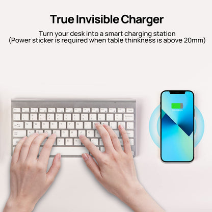 KPON Invisible Wireless Charger,30mm Under Desk Charger Mat, Furniture Table Nightstand Desktop Charging Station for iPhone17/16/15/14/13/12/Samsung/LG/Google Pixel Desk Essentials(with QC Adapter)