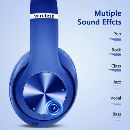 Tuitager 9S Wireless Over-Ear Bluetooth Headphones, 60 Hours Playtime, Hi-Fi Stereo, 6 EQ Modes, Built-in Microphone, Foldable Design, Blue