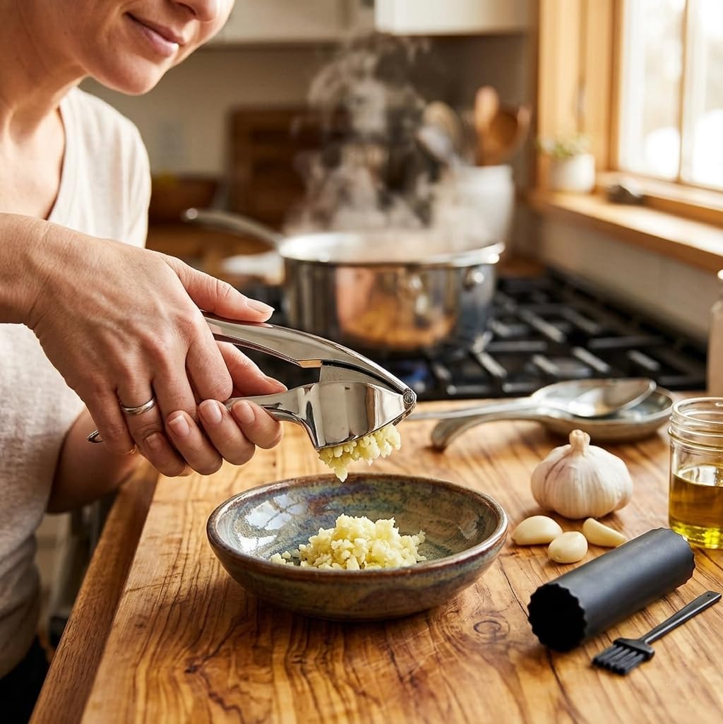 TAHINO Stainless Steel Garlic Press – Heavy Duty Manual Garlic Crusher & Mincer, Ergonomic Handheld Garlic Press Tool for Kitchen, Easy Squeeze & Durable Garlic Crusher