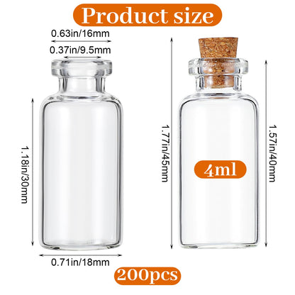 HOFURME 200 Pcs Tiny Jars with Cork Lids, 4ml Mini Glass Bottles with Cork - Clear Small Vials for DIY Crafts, Wedding Favors, Party Decorations, Spell Jars & Message Bottles