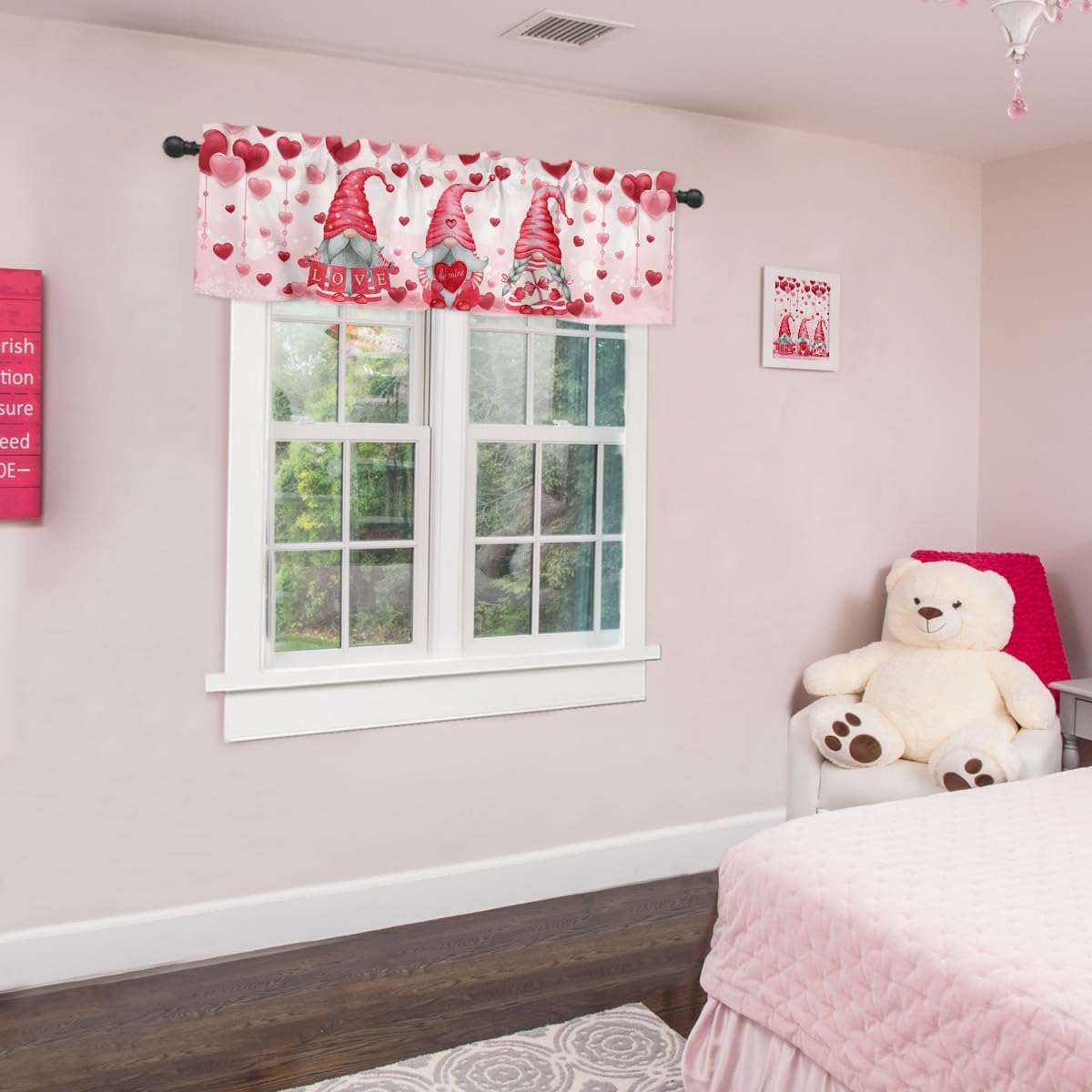 ALAGEO Valentines Valances Window Curtain, Pink Gnomes Kitchen Valances, Rod Pocket Love Heart Balloon Short Topper, 54