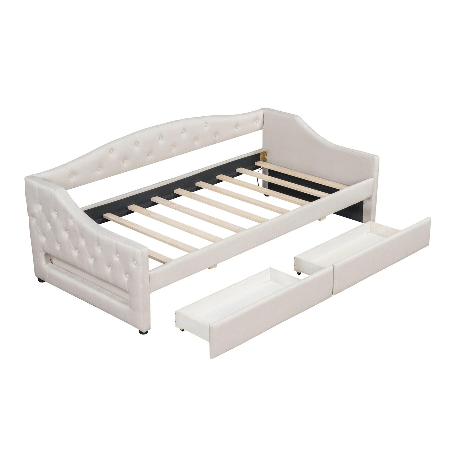 Ball & Cast Twin XL Size Daybed with Storage Drawers and LED Light, Linen Upholstered Day Bed Frame with Solid Wood Slats for Guest Room,Apartment,No Spring Box Needed, Easy Assembly,Beige