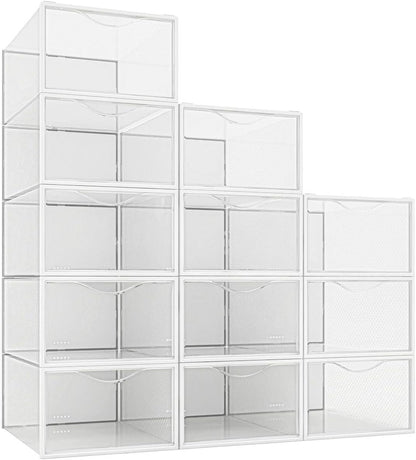 12 Pack Closet, Seseno Shoe Storage Bins, Clear Plastic Stackable Shoe Organizer for Space Saving Foldable Shoe Rack