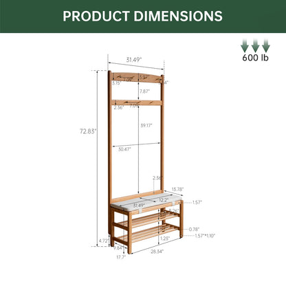 Vadisun Oak Coat Rack, Solid Wood Hall Tree with Shoe Bench, 2-Tier Shoe Rack with 7 Hooks for Entryway, Hallway, 13.8" x 31.5" x 72.8", Natural