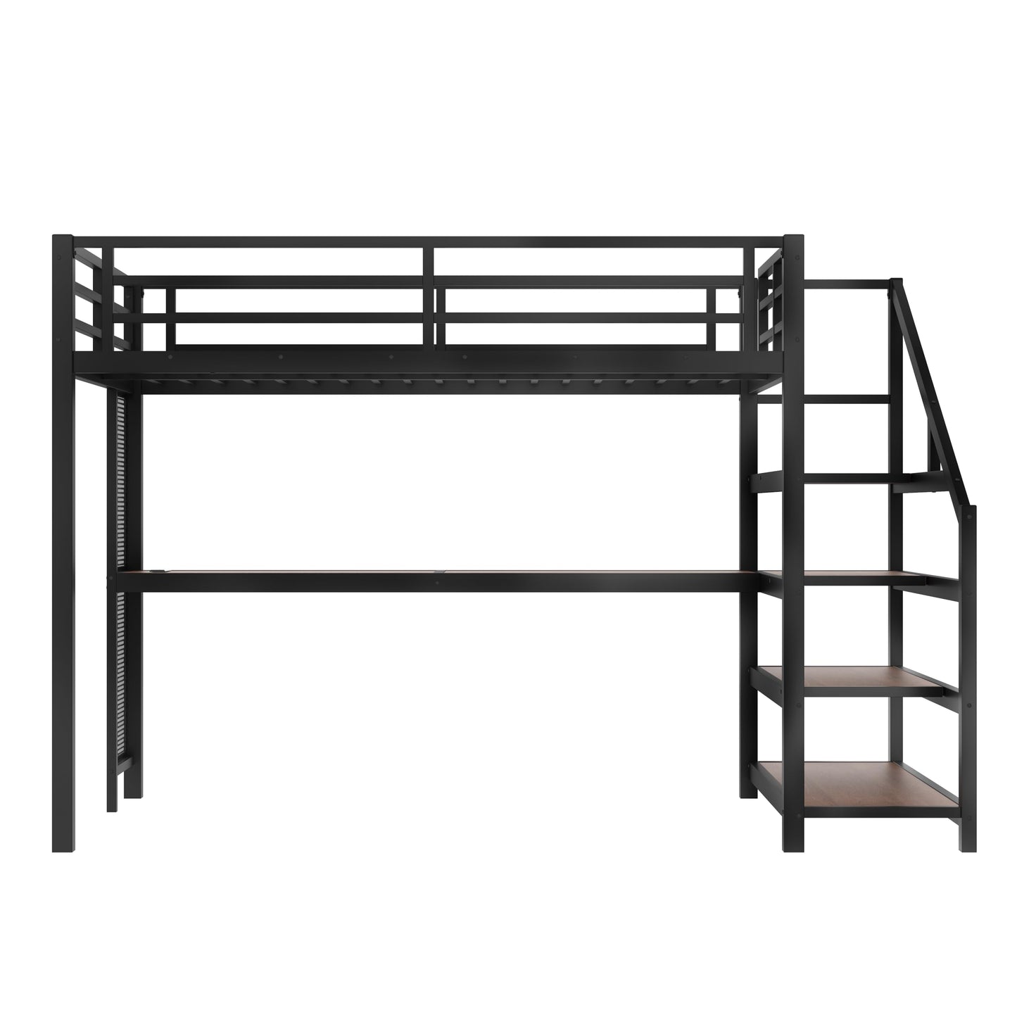 Full Size Loft Bed with Desk and Storage Stairs, Metal Loft Bed Frame with LED Lights, Charging Station, and Multi-function Iron Nets, Loftbed for Kids, Teens, Adults, Noise-free, Black and Wood
