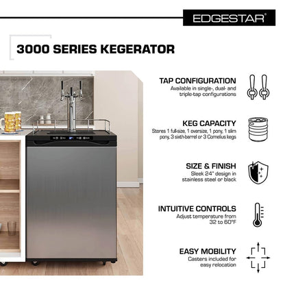 EdgeStar KC3000SSTWIN Full Size Dual Tap Kegerator with Digital Display - Black and Stainless Steel