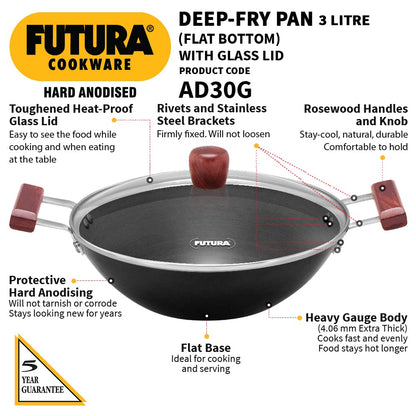 Hawkins Futura 3 Litre Deep Fry Pan, Hard Anodised Kadai with Glass Lid, Flat Bottom Kadhai, Black (AD30G)