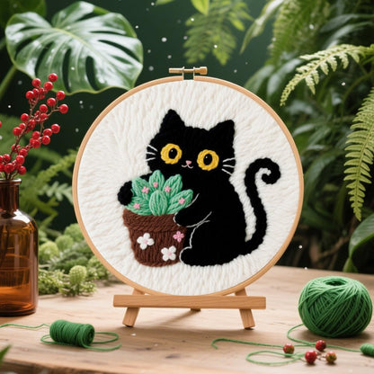 BEUNITONE 2PCS Cat Punch Needle Kit for Adults Beginners, Complete Craft Embroidery Needlepoint Kits with Hoop and Instructions, Punch Needle Starter Craft Set for Home Decor, Festival Gift 20x20cm