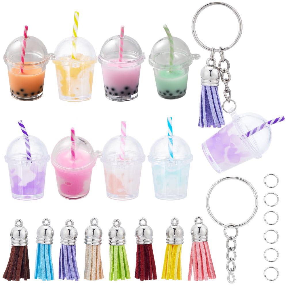 SUNNYCLUE 44Pcs DIY 8 Sets Milk Tea Charms Keychain Making Kit Bubble Tea Keychain Bulk Milktea Summer Hawaii Ice Cream Charms for Jewelry Making Kits Key Chains Supplies