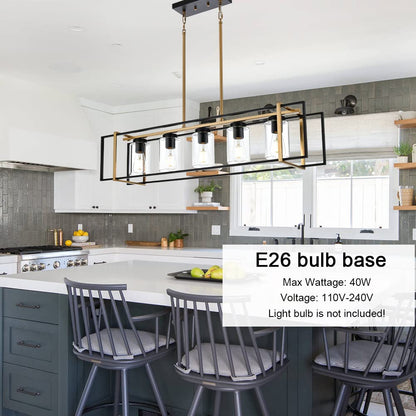 Lucidce 5-Light Farmhouse Chandelier Black and Brass Kitchen Island Lighting with Clear Glass Shades, Rectangular Chandeliers for Kitchen or Dining Room