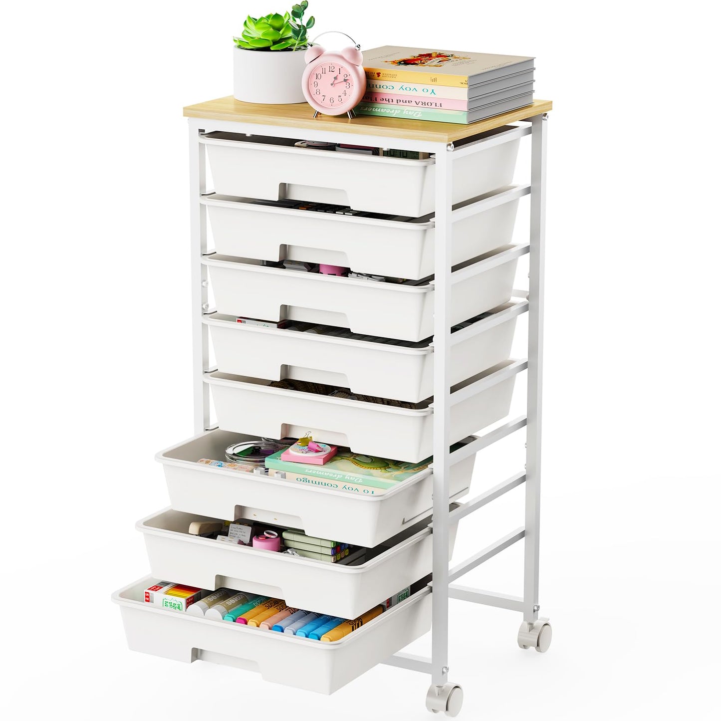 LEHOM Rolling Storage Cart with 8 Drawers, Utility Cart on Wheels with Metal Frame and Wooden Tabletop for Living Room Bedroom Dorm, Office Storage & Art Supply Craft Organizer for Classroom