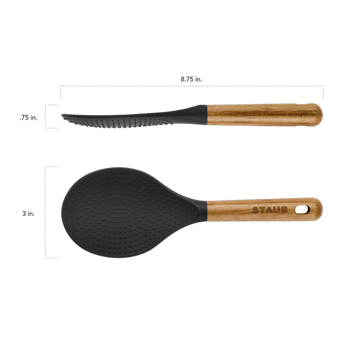 STAUB Rice Spoon, Perfect for Keeping Rice Fluffy While Scooping and Serving, Durable BPA-Free Matte Black Silicone, Acacia Wood Handles, Safe for Nonstick Cooking Surfaces, 8.75 x 3 x 0.75 inches