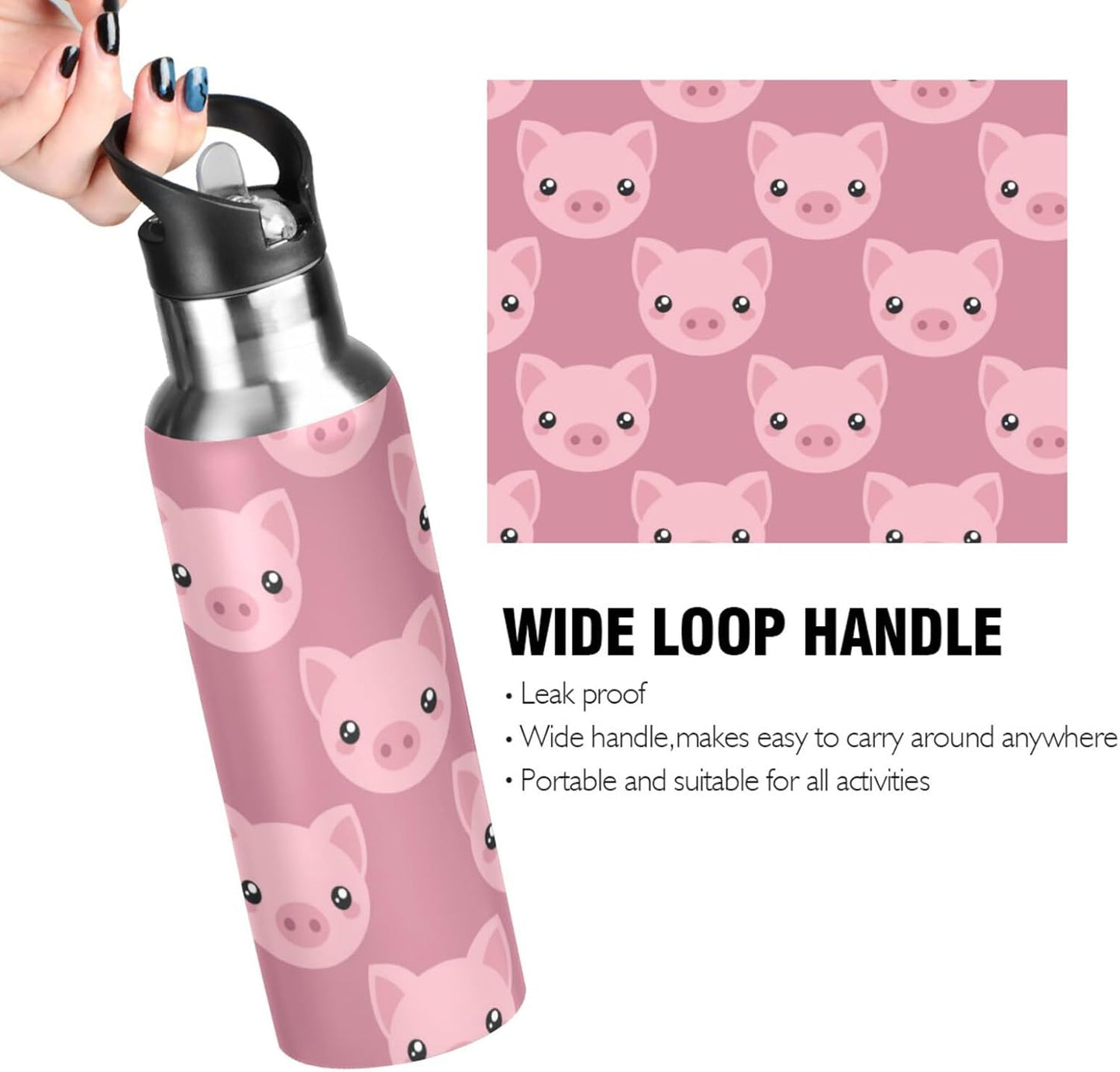 ZZKKO 32oz Stainless Steel Water Bottle with Straw, Cartoon Cute Pig Thermos for Kids