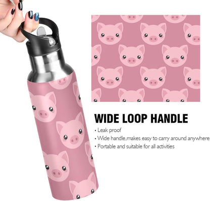 ZZKKO 32oz Stainless Steel Water Bottle with Straw, Cartoon Cute Pig Thermos for Kids