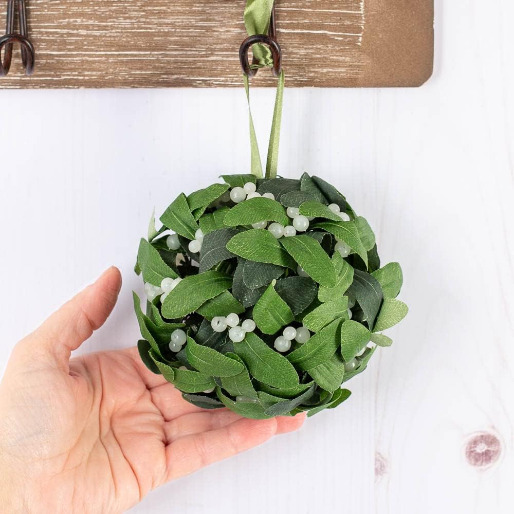 Factory Direct Craft Hanging Mistletoe Ball, Artificial Green Poly Silk Leaves, Multiple White Berries