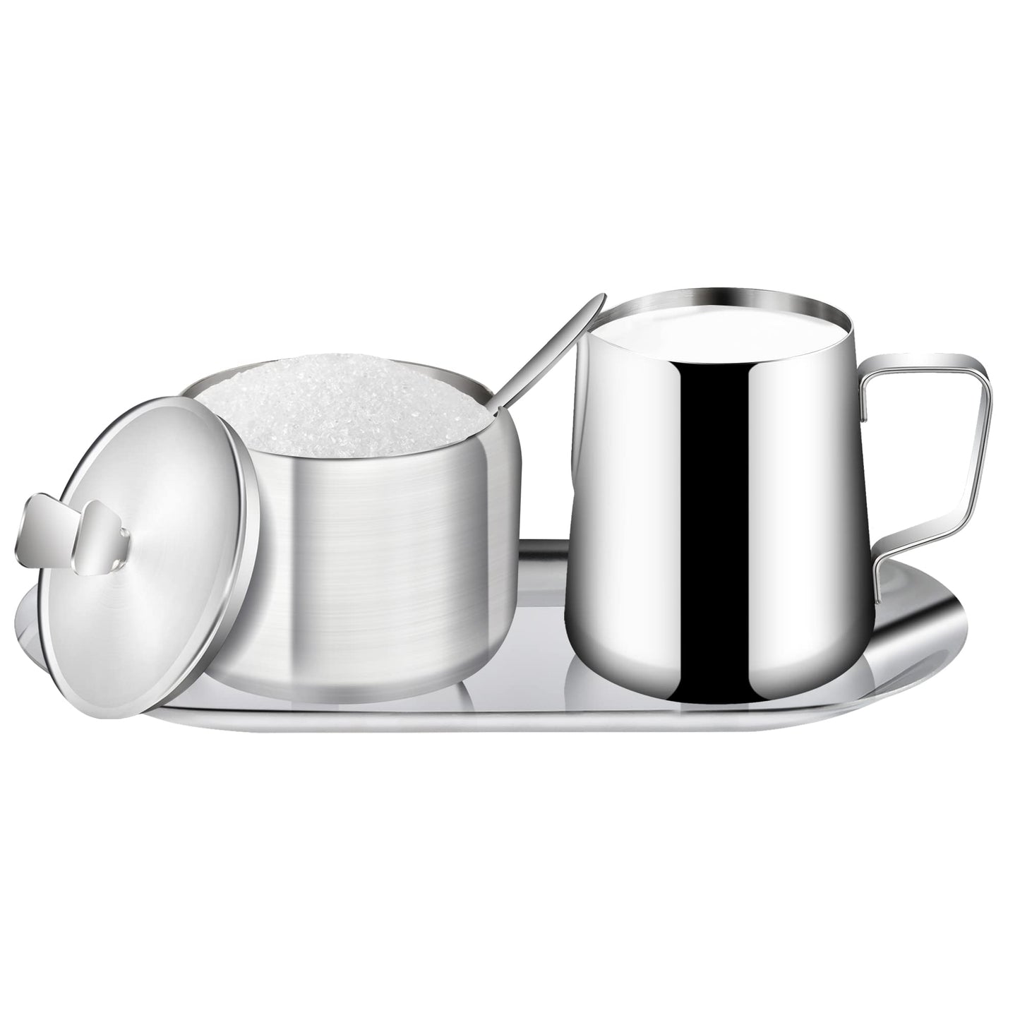Worldity Stainless Steel Sugar and Creamer Set, Coffee Sets for Serving, Latte Milk Cup Cream Jug and Sugar Bowl with Lid Spoon Tray for Coffee Bar