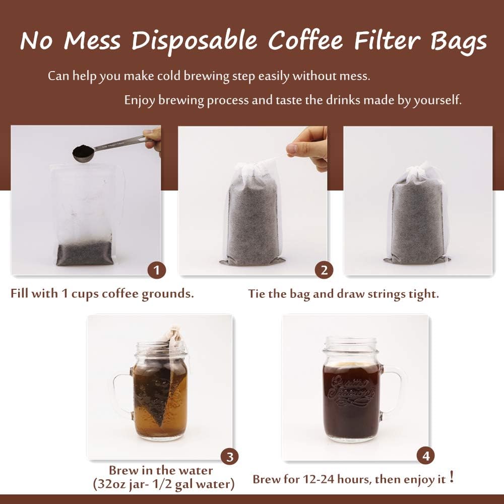 No Mess Cold Brew Coffee Filters - 150 Count Disposable Fine Mesh Bags for Iced Coffee Maker, 4"x 6"