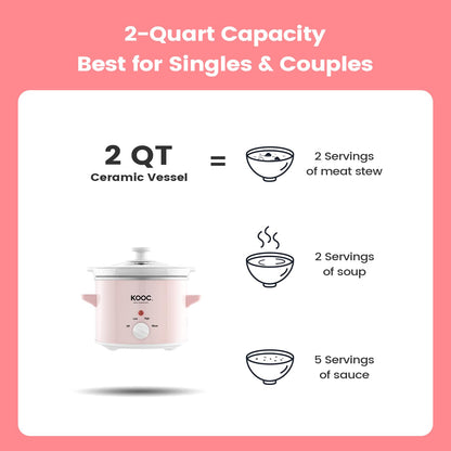 KOOC Small Slow Cooker, 2-Quart, Free Liners Included for Easy Clean-up, Upgraded Ceramic pot, Adjustable Temp, Nutrient Loss Reduction, Stainless Steel, Pink, Round