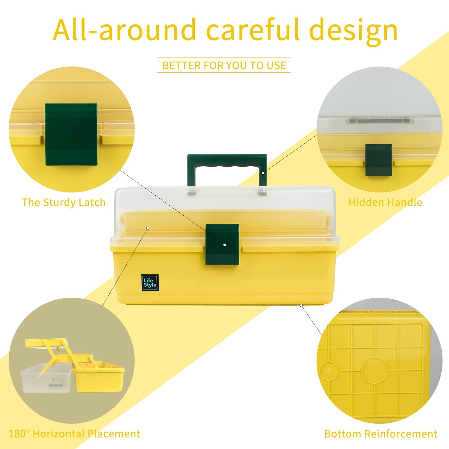 Creahaus 13 inch Art Craft Organizer Storage Box with 3 Layer, Multipurpose Plastic Tool Box with Handle for Sewing, Art Supply, Medicine, Nail, Hair Accessories (Yellow)