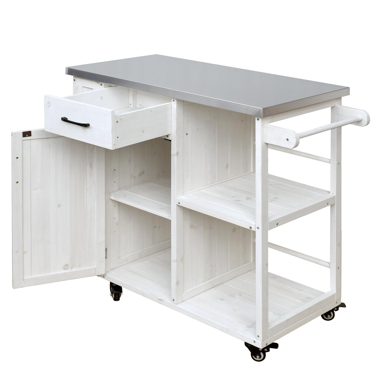 Outdoor Kitchen Island Cart with Stainless Steel Top, Rolling Grill Table with Storage Cabinet Drawer Shelves and Towel Rack, Wooden BBQ Prep Station with Lockable Wheels for Patio Backyard, White