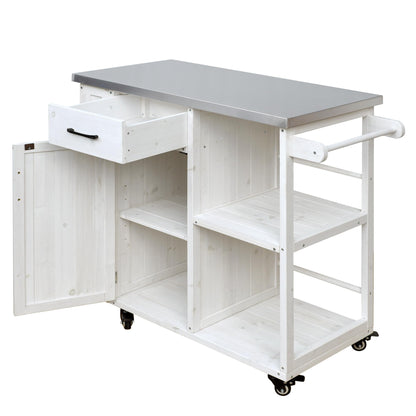 Outdoor Kitchen Island Cart with Stainless Steel Top, Rolling Grill Table with Storage Cabinet Drawer Shelves and Towel Rack, Wooden BBQ Prep Station with Lockable Wheels for Patio Backyard, White