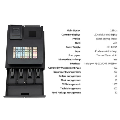 Cash Register for Small Businesses & Restaurant, Electonric caja registradora w/Cash Drawer, 200Dept/1000Items/200Tables/30Tastes/50Clerks/15Reports,Supports Scanner Scale Printer(Black)