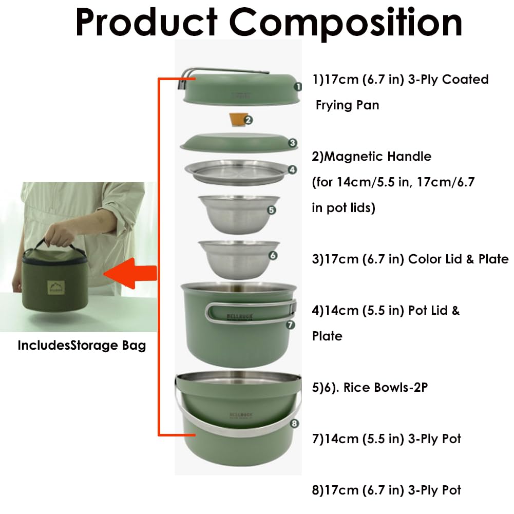 It likes Bellrock Premium Quality Stainless Steel Camping Cookware Set - 9 Piece Deluxe Family Cookset Green