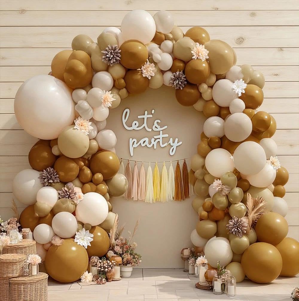 Neutral Balloon Arch Garland Kit - Double Stuffed Nude Beige Brown Cream Gold Balloons with Artificial Flowers Tissue Tassels for Birthday Bear Baby Shower Bridal Party Decoration