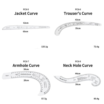 Professional Sewing Ruler Set, 7-Piece French Curve Pattern Making Rulers for Tailors, Designers, Beginners