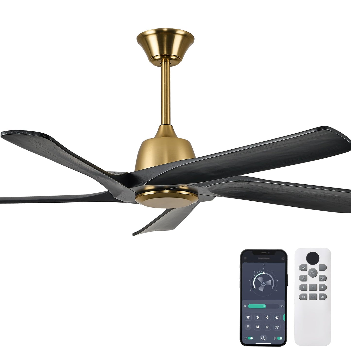 LVYEAYOU 52 Inch Solid Wood Ceiling Fan No Lights, Remote and APP Control, DC Motor, 6-speed Reversible, for Bedroom, Living Room, Office, Black Gold