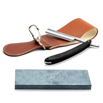 Grandslam Pro Natural Wooden Handle 420 Steel Straight Razor, 2 Layers Long Leather Canvas Strop, Sharpening Stone,2 Side Grit 3000 Waterstone Knife Sharpener