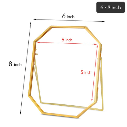 REDHUGO Glass Pressed Flower Frame Handmade, Metal Floating Picture Frame, Double Glass for Tabletop Display, Unique Brass Octagon, Gold, 5x7 Inches (Frame Only)