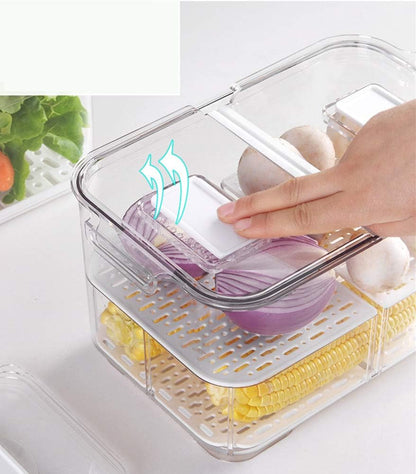 SANNO Refrigerator Food Storage Containers - Stackable Bin Organizer with Vented Lids and Removable Drain Tray