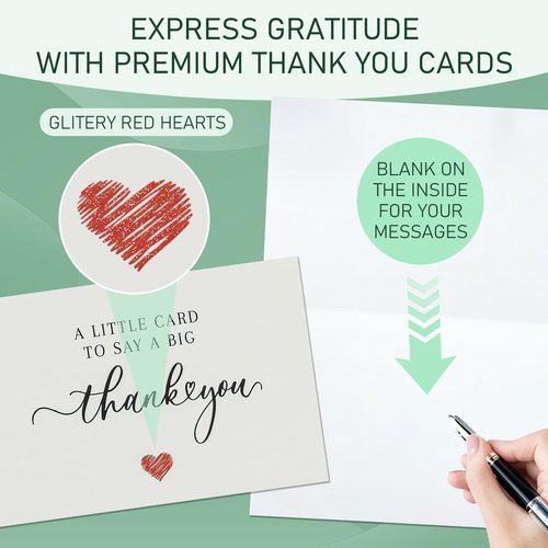 28 Pack 350GSM Thank You Cards with Envelopes, Glitter Heart Premium Greeting Cards, Pefect for Weddings, Baby Showers, Teacher Appreciation, Graduation, Small Business Gifts, Holiday & Christmas Thank You Notes