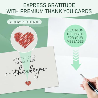 28 Pack 350GSM Thank You Cards with Envelopes, Glitter Heart Premium Greeting Cards, Pefect for Weddings, Baby Showers, Teacher Appreciation, Graduation, Small Business Gifts, Holiday & Christmas Thank You Notes