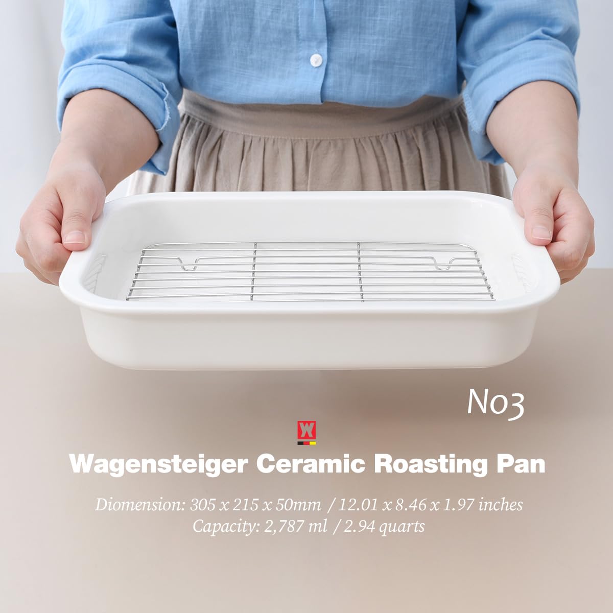 Wagensteiger Ceramic Roasting Pan, Baking Dish with Stainless Steel Rack, Non Stick Chicken Roaster Pan, Microwave or Conventional Oven Cooking, Food Prep Tools, White Color (White, 2.94 Quarts)