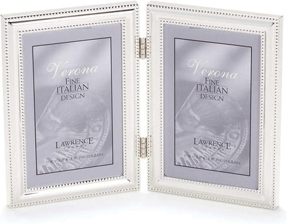 Lawrence Frames 4 by 6-Inch Hinged Double Metal Picture Frame, Silver-Plate with Delicate Beading (Vertical)