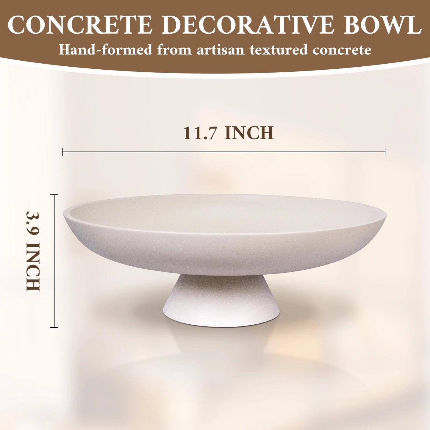 MAONAME Concrete Decorative Bowl, Large Fruit Bowl for Kitchen Countertop, White Pedestal Bowls for Home Decor, Handcrafted Key Bowls for Entry Table, 11.7"