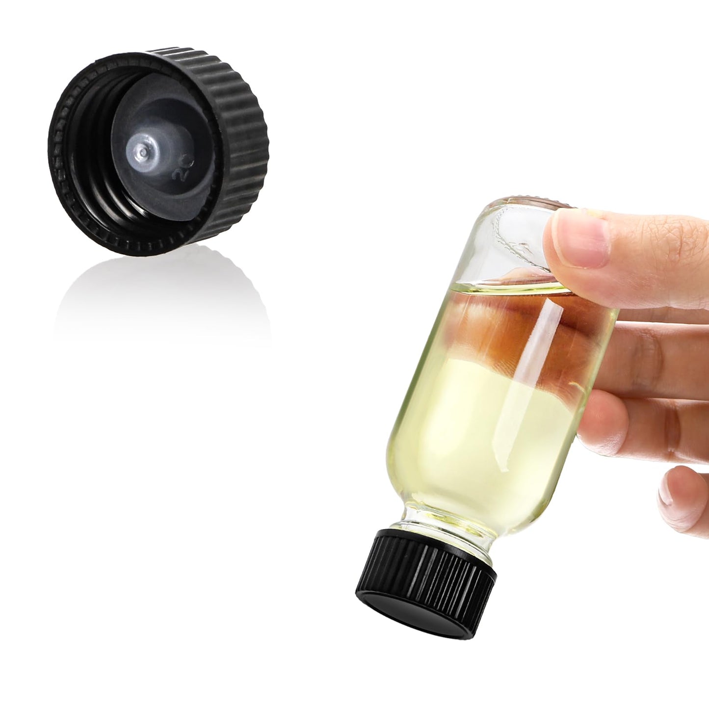 Bekith 30 Pack Boston Round Glass Bottle with Black Cap, 1 oz (30ml) Clear Glass Bottles Small Travel Bottle