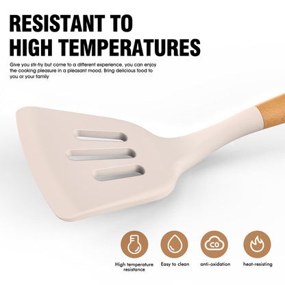 Silicone Cooking Utensils Set - AVGPD Silicone Kitchen Utensils for Cooking Wooden Handles, 446°F Heat Resistant Kitchen Utensil Spatula Sets w Holder, Gadgets for Non-Stick Cookware BPA FREE (Khaki)