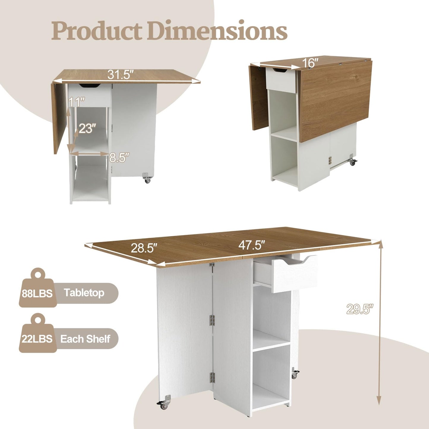 GOFLAME Drop Leaf Dining Table for 2-4, Folding Kitchen Table with Open Shelves & Drawer, Lockable Wheels, Space Saving Extendable Table for Dining Room, Living Room, Small Space, Natural & White