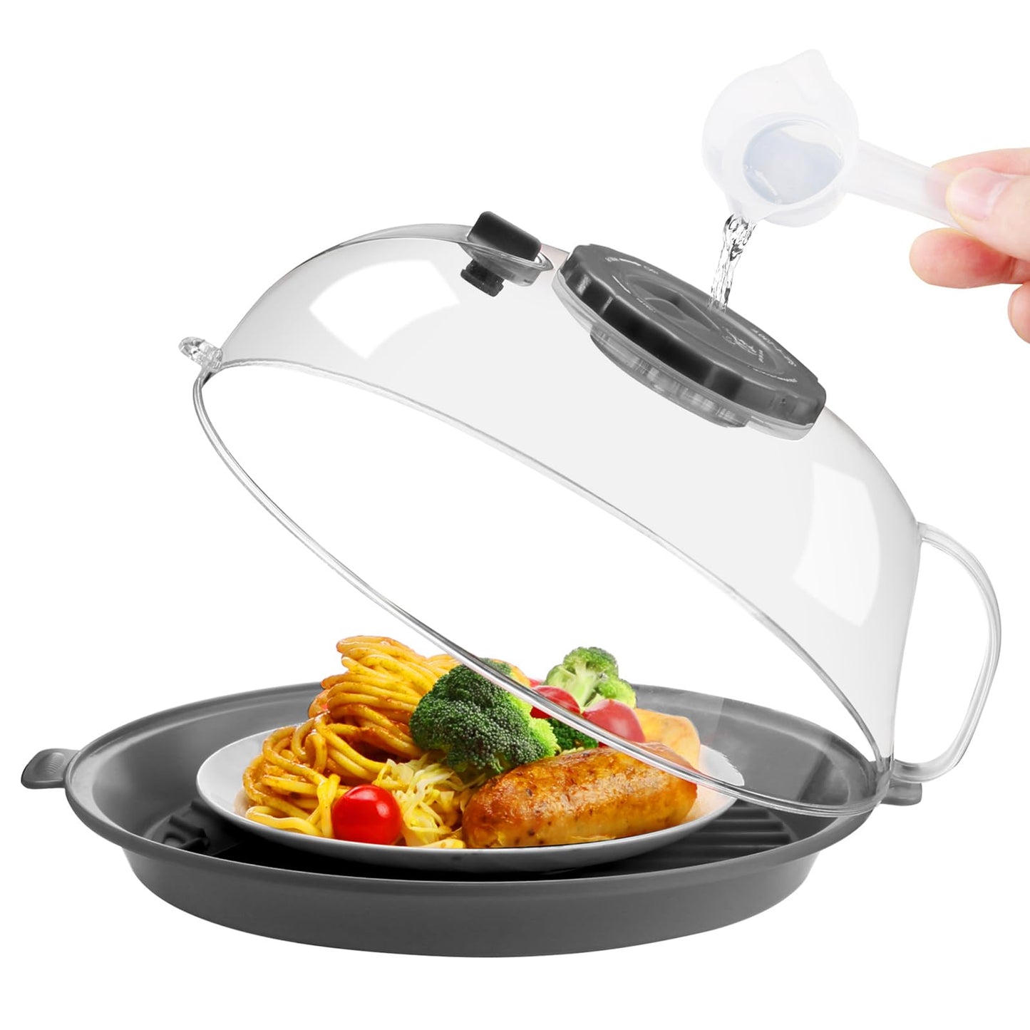 Microwave Splatter Cover Lid for Food 10.2 Inch with Water Steamer, Clear Microwave Splash Guard Cooker Lid with Plate, Dish Bowl Plate Serving Cover Cookware High Transparent Plastic Grey