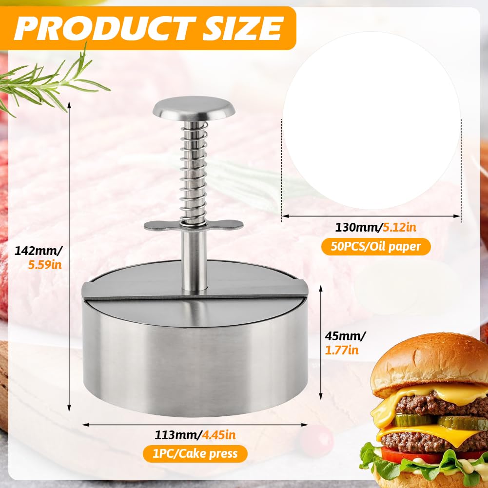 Waylenbo Burger Press 4.5 Inch, 304 Stainless Steel Hamburger Patty Maker with Spring Button & 50 Parchment Papers, Easy Release Non-Stick Mold for Ground Beef, BBQ, Dishwasher Safe