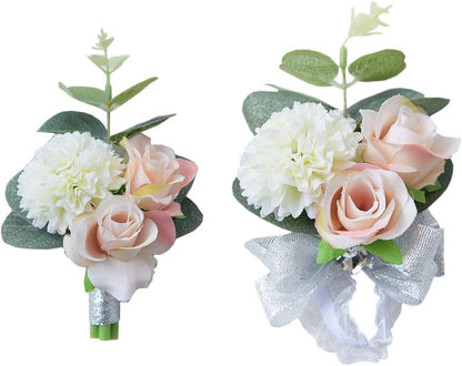 MOJUN Boutonniere and Wrist Corsage Set, Wedding Flowers Accessories for Prom Suit Decoration