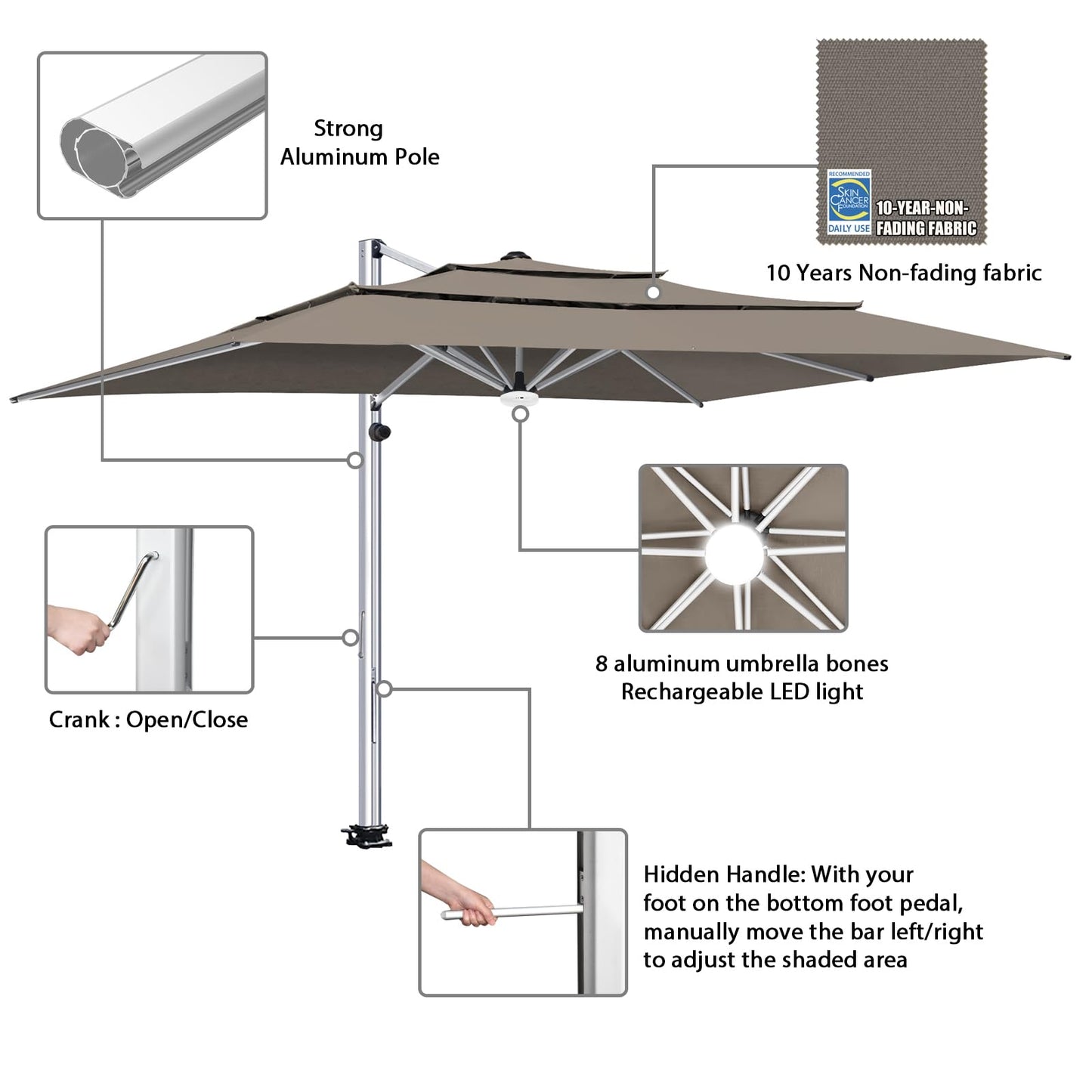 EliteShade USA APOLLO 3-Tier 10x13FT Full Aluminum Cantilever Patio Umbrella for Outdoor Restaurant Garden Courtyard Deck Pool and Marketing with Light (No battery), Taupe