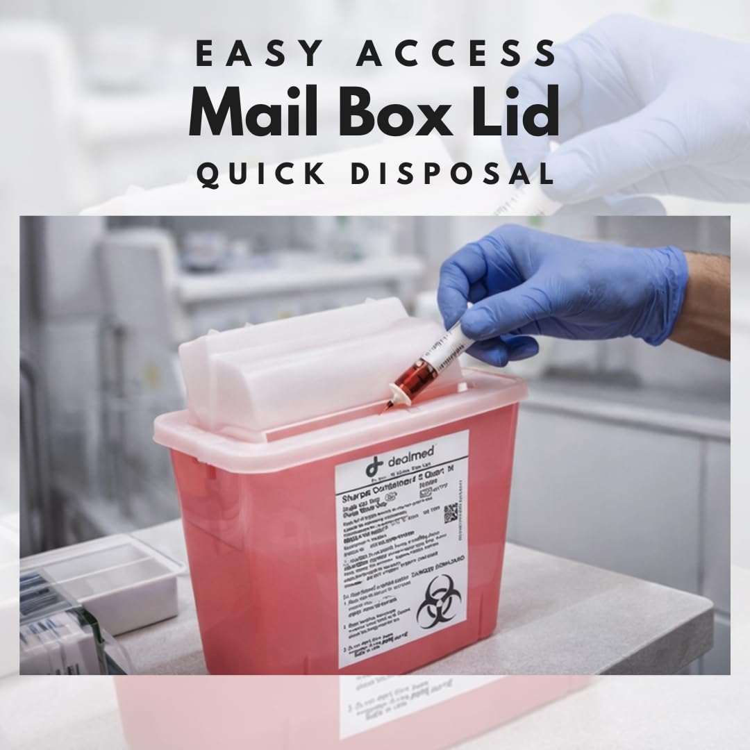 Dealmed Sharps Container 5 Quart Mailbox Lid, Professional Medical Needle Disposal, Puncture Resistant Container for Healthcare Facilities, Red (Pack of 2)