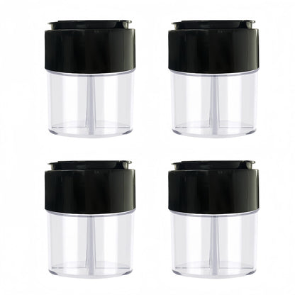 4-Pack 4 in 1 Salt and Pepper Shaker Jars Bottles, 4-Grid Flip Lid Spice Jars - Cylindrical Empty Plastic Seasoning Containers with Transparent Body for Travel Camping BBQ Kitchen Cooking (Black)