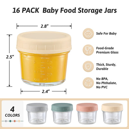 VITEVER 16 Pack Glass Baby Food Storage Containers, 4 oz Baby Food Jars with Plastic Lids, Small Baby Food Maker, Reusable Infant Freezer Container, Microwave, Dishwasher & Freezer Safe, BPA free