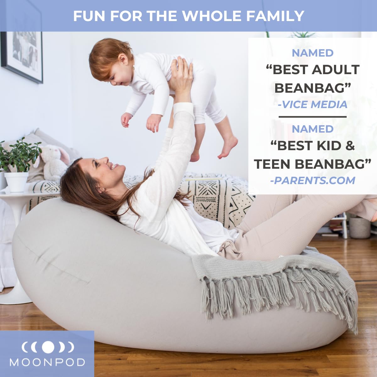 The Moon Pod Bean Bag Chair - Large, Modern Beanbag for Adults, Kids and Teens. Washable Stretch Cover Filled with Thousands of High Density Micro-Beads (Light Blue).