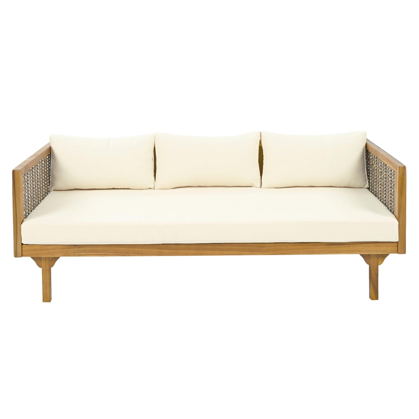 Christopher Knight Home Outdoor 3 Seater Acacia Wood Daybed with Fabric Water Resistant and Removable Cushions, Patio Garden Poolside Sofa with Wicker Armrest and Slat Paneling Back, Teak and Beige